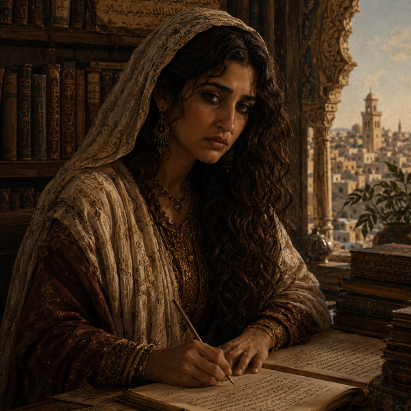 Recreación histórica de la poetisa AISA BINT AHMAD. Córdoba s. X, con IA, por A.G.E.